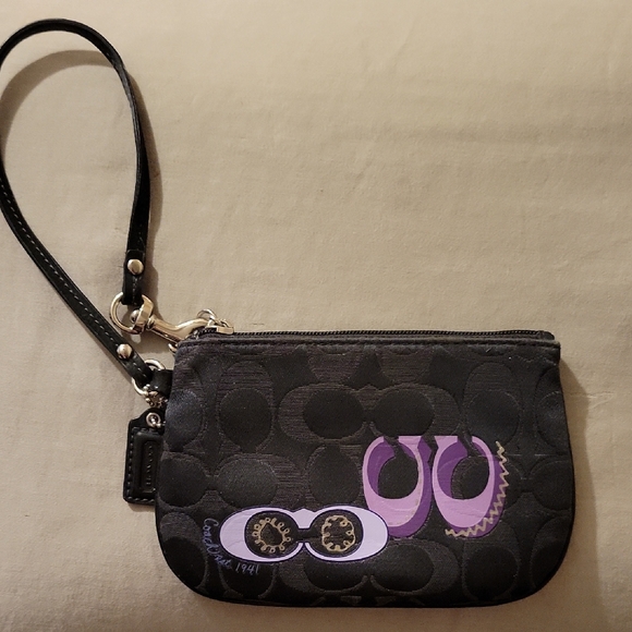 Black Coach Wristlet with Purple C Embellished Design - Picture 1 of 8